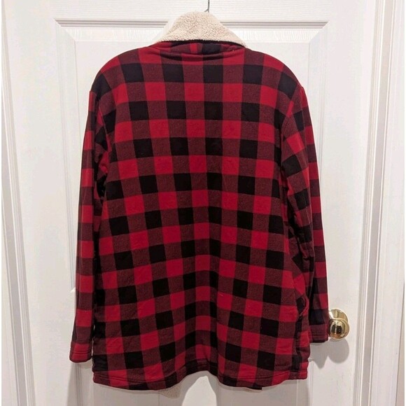Eddie Bauer Women’s Medium Red Buffalo Plaid Open Front Sherpa Lined Cardigan - Picture 3 of 7